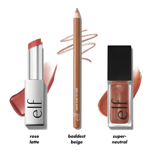 E.L.F. Glow up Lip Trio - 3-Piece Set for Day to Night Look in Rose Beige or Black Cherry Shades - Lipgloss, Lipstick
